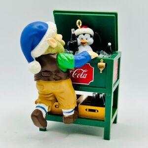 VINTAGE 1996 Coca-Cola Bottling Works Christmas Ornament Elf & Penguin in Cooler